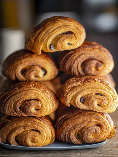 Delicious Pain au Chocolat pastry on a plate, freshly baked and filled with rich chocolate.